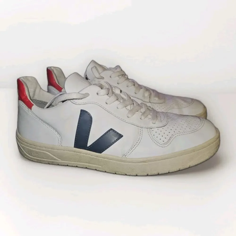 Mens VEJA V-10 V10 Leather Whte Red Navy Sneakers Size US 9 *READ*